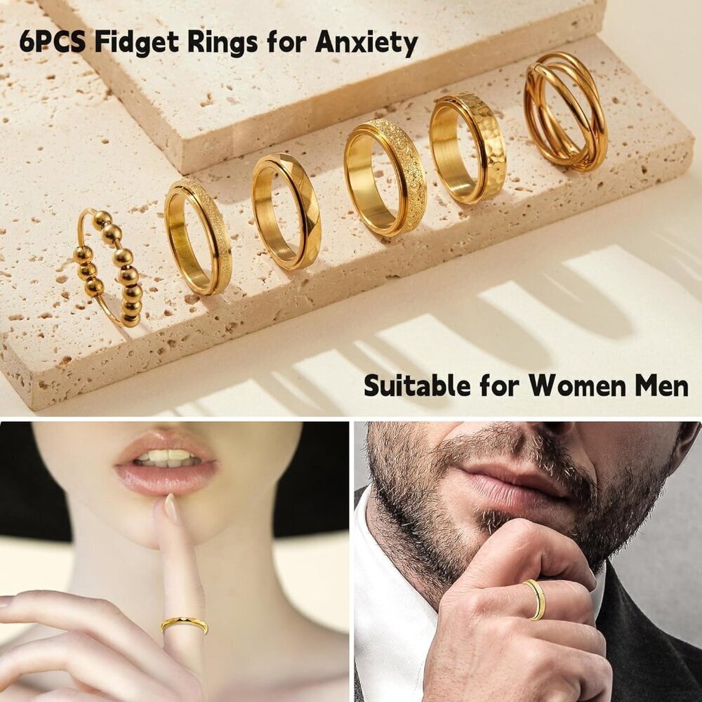 Fidget Rings Stainless Steel 6pcs Unisex Anxiety Spinner Bands Jewelry - Picture 3 of 5